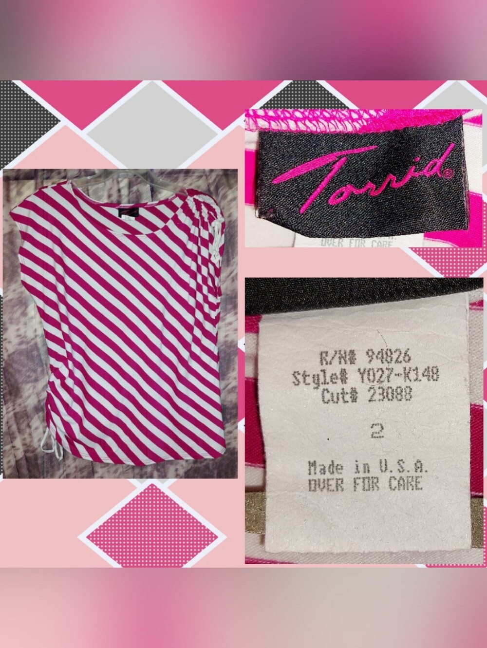 Torrid Magenta & White Striped Soft Knit Top w/Side & Sleeve Drawstrings Sz 2|2X
